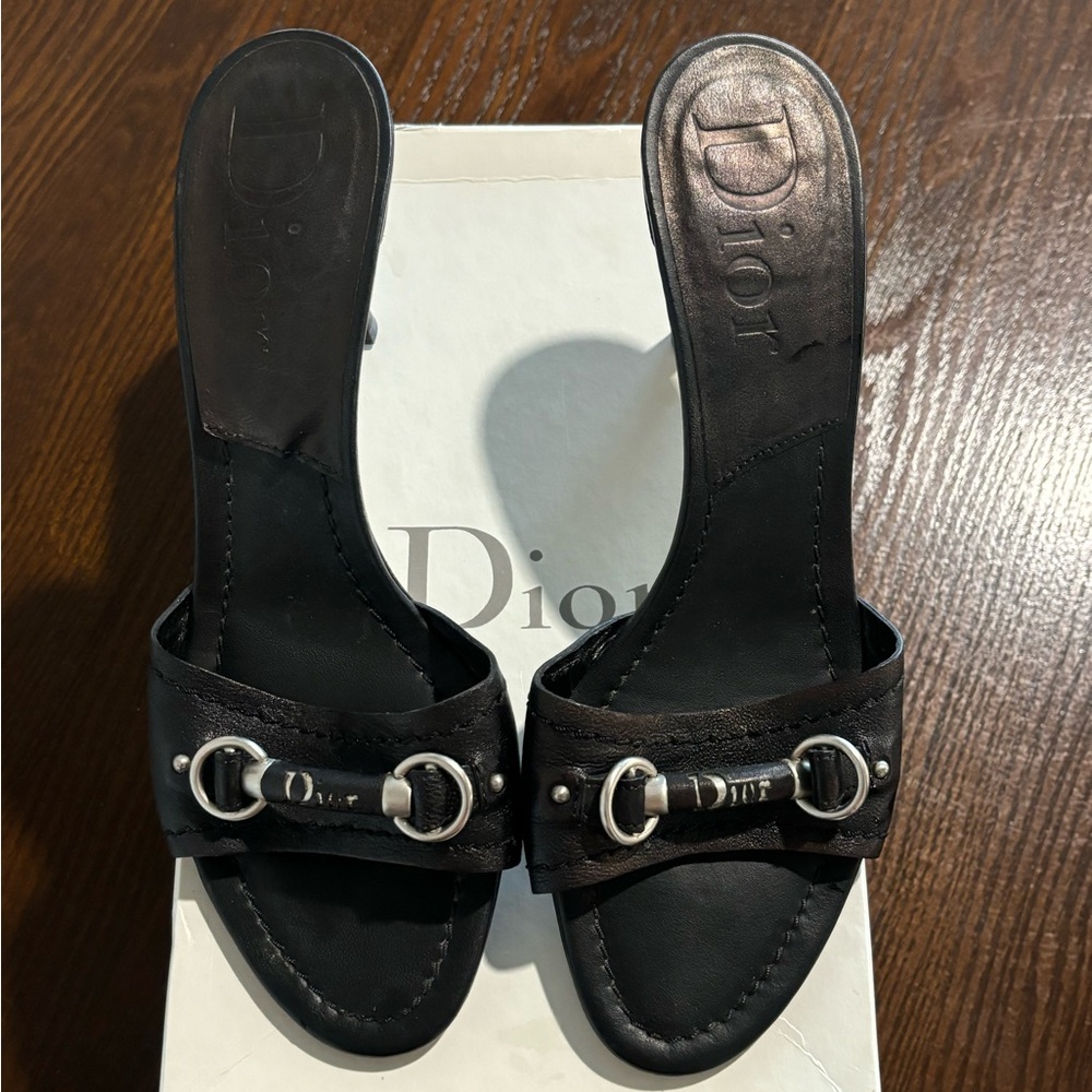 Dior Black Leather Mules with Silver Accents